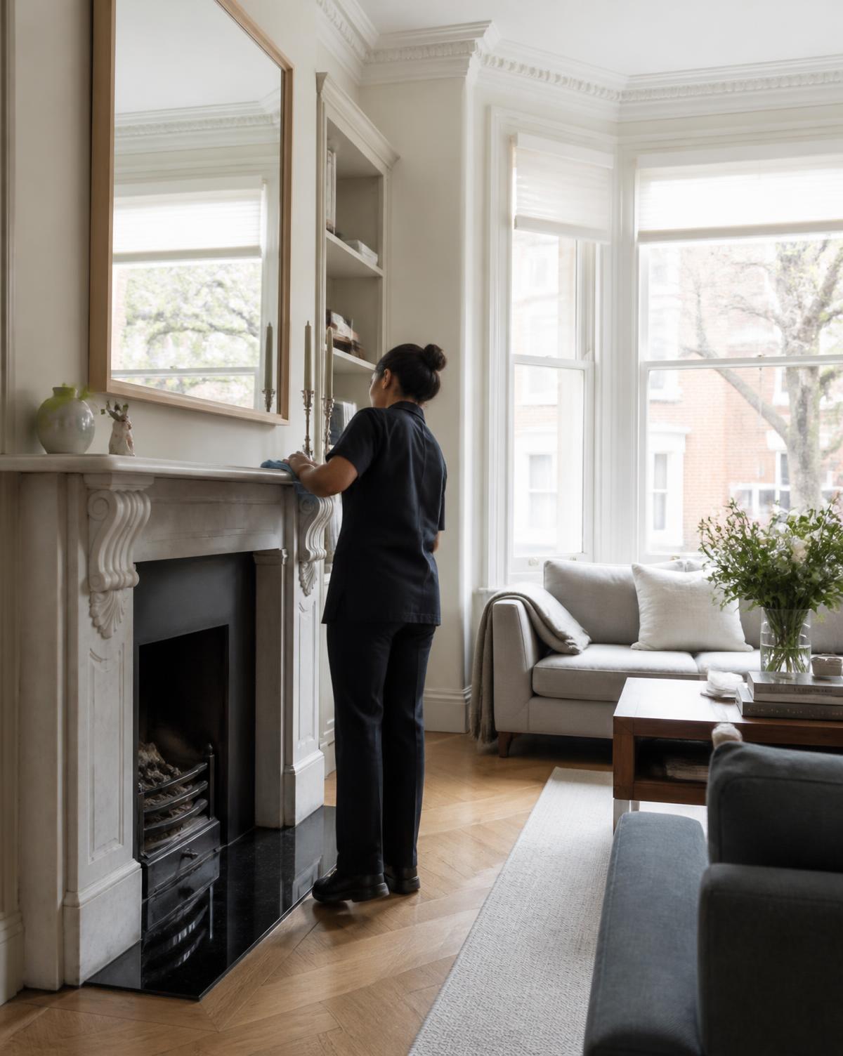 Professional cleaner at work in a Victorian London townhouse living room